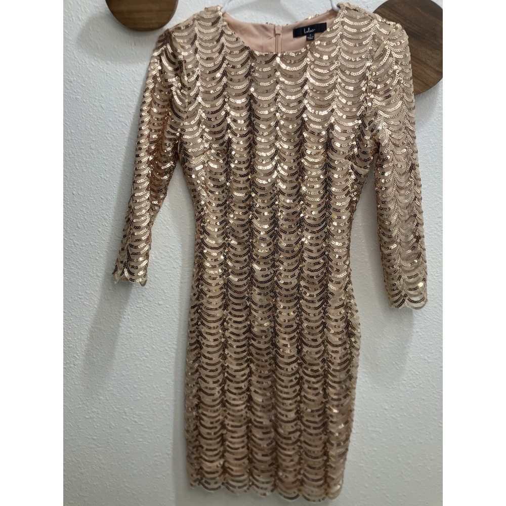 Lulus Rose Gold Sequin Glam Mob Wife‎ Y2K Vibes Mini Dress Long Sleeve Small